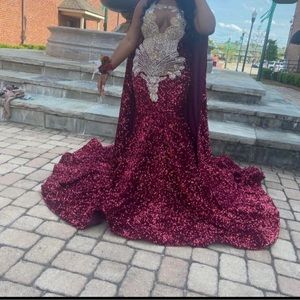 Burgundy with Gold sequins, only worn once,mermaid silhouette, Originally $1800.